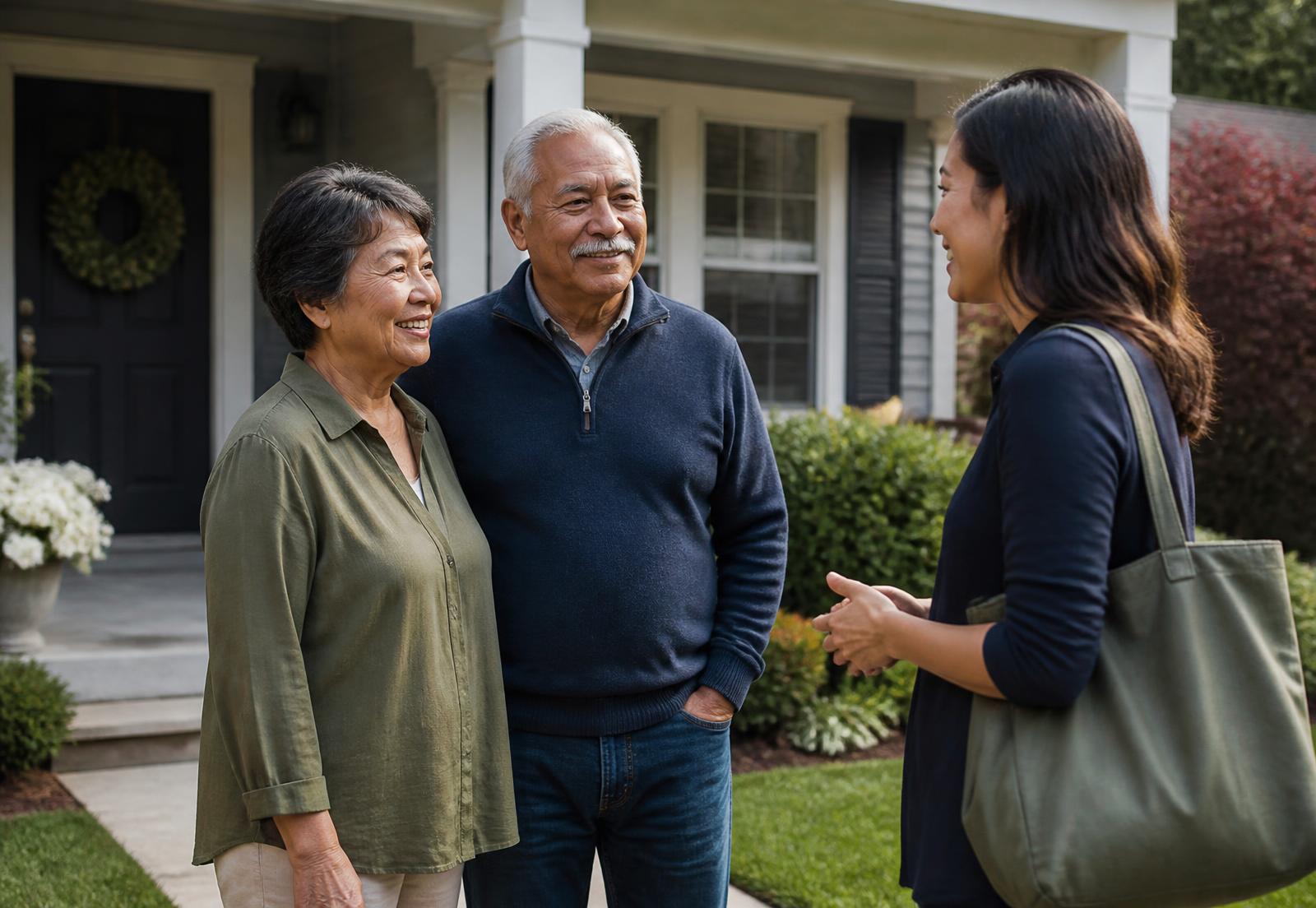 An older couple standing outside their tidy home, talking with their adult daughter.